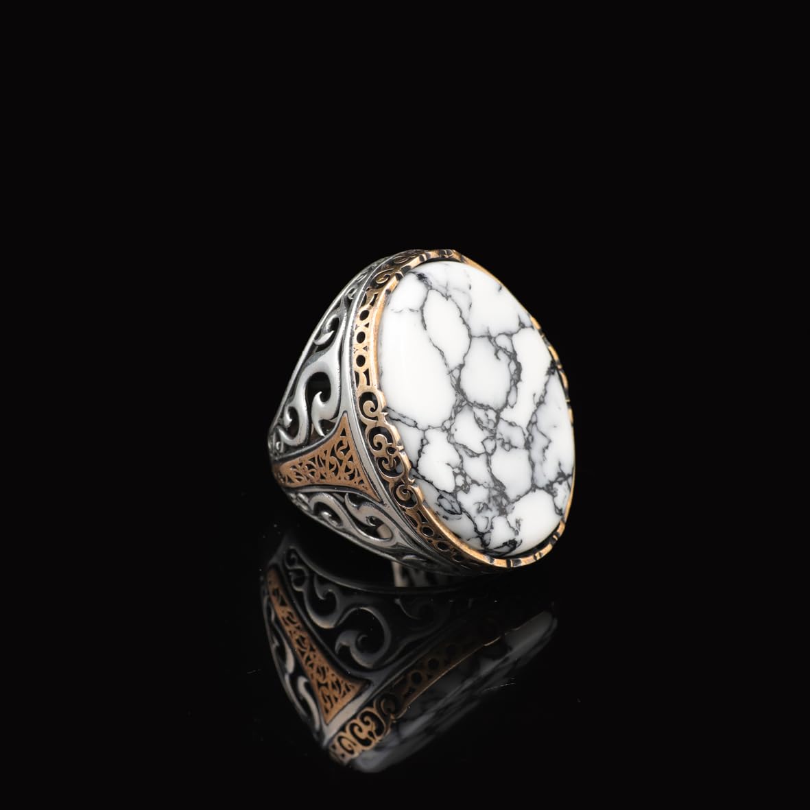 White Turquoise Oval Gemstone Ring for Men - Handmade Ottoman Style 925 Sterling Silver Large Vintage Ring with Silver Polishing Cloth Gift