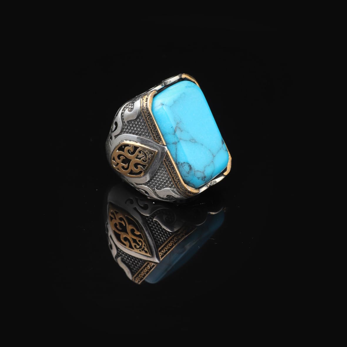Turquoise Ring - Large Gemstone Ottoman Vintage Handmade 925 Sterling Silver Men's Ring with Silver Polishing Cloth Gift