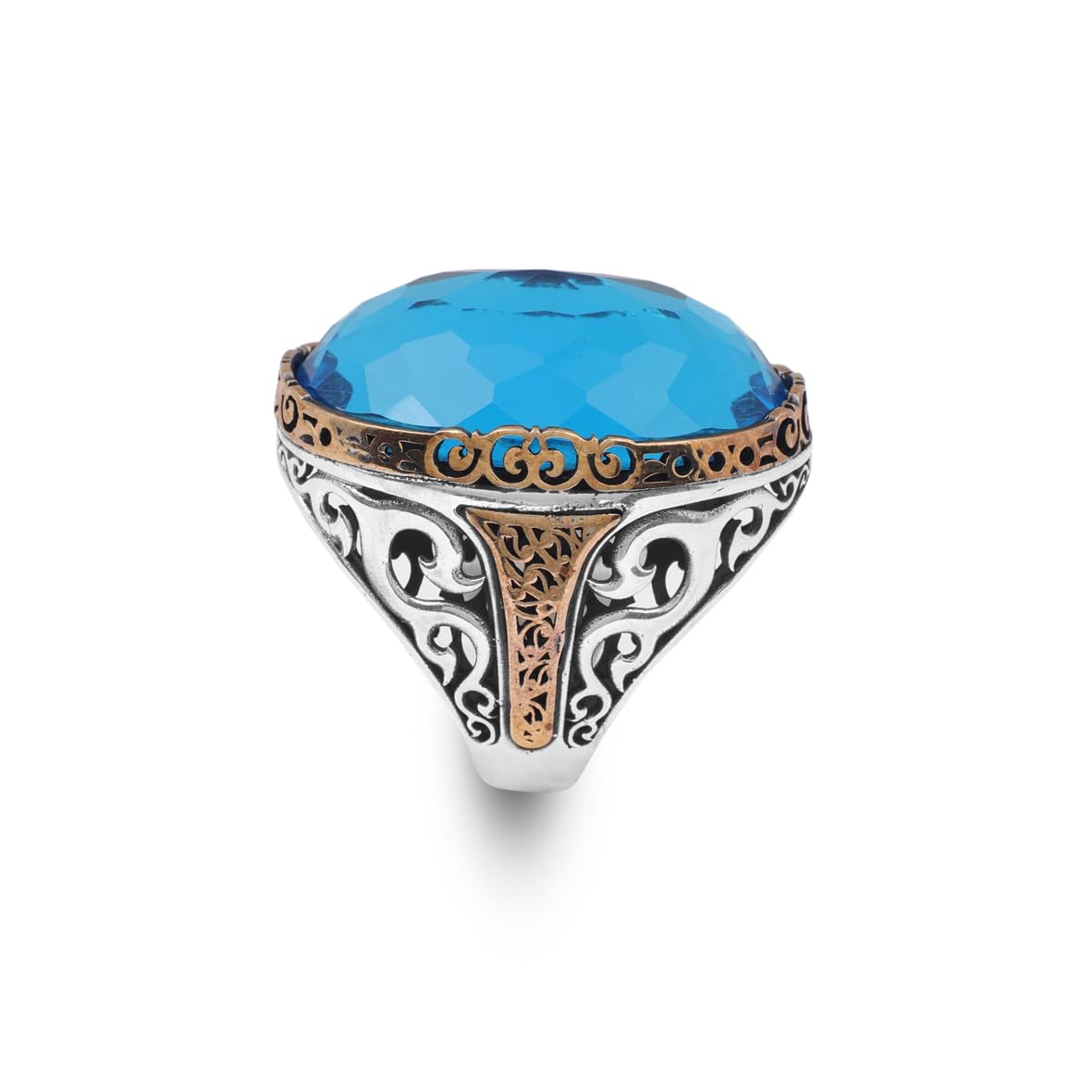 Aquamarine Ring - Oval Stone Large Gemstone Ring for Men Vintage Ottoman Handmade 925 Sterling Silver Rings with Silver Polishing Cloth Gift