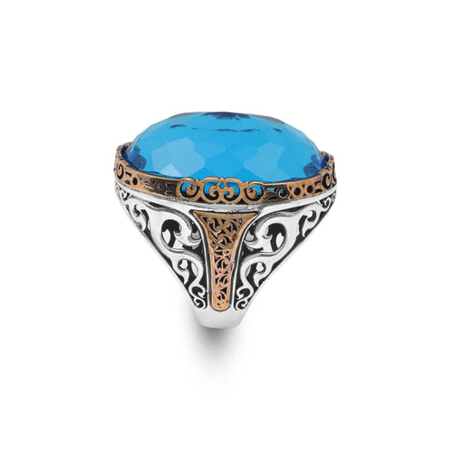 Aquamarine Ring - Oval Stone Large Gemstone Ring for Men Vintage Ottoman Handmade 925 Sterling Silver Rings with Silver Polishing Cloth Gift