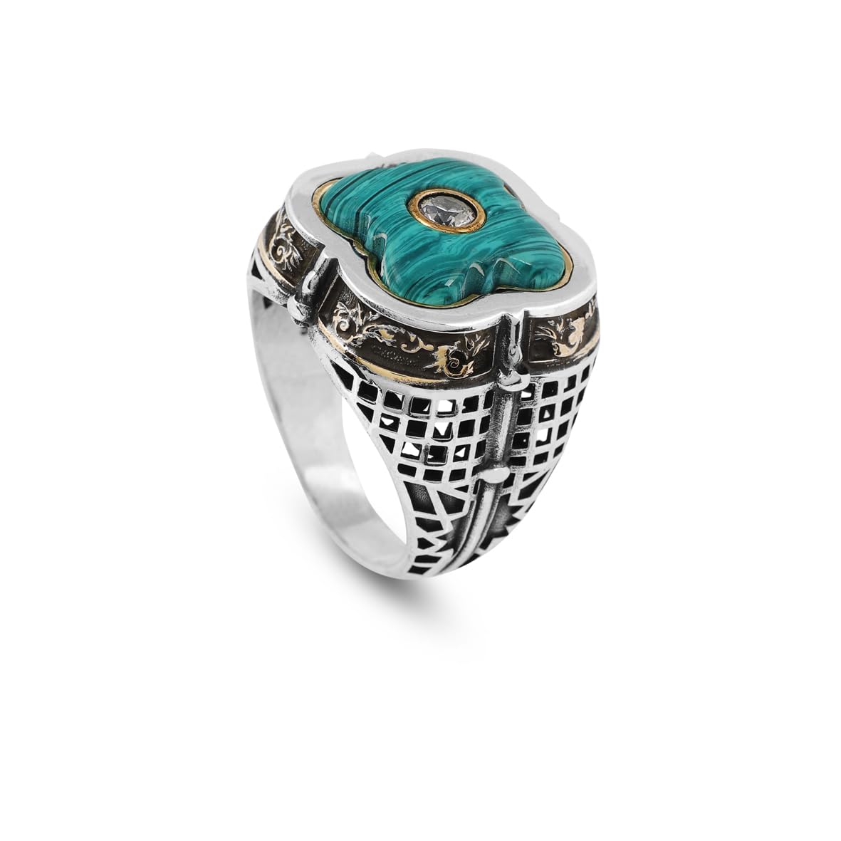 Vintage Handmade Malachite and White Sapphire Sword Ring - 925 Sterling Silver Men's Ring with Micro Stone Accent and Silver Polishing Cloth Gift