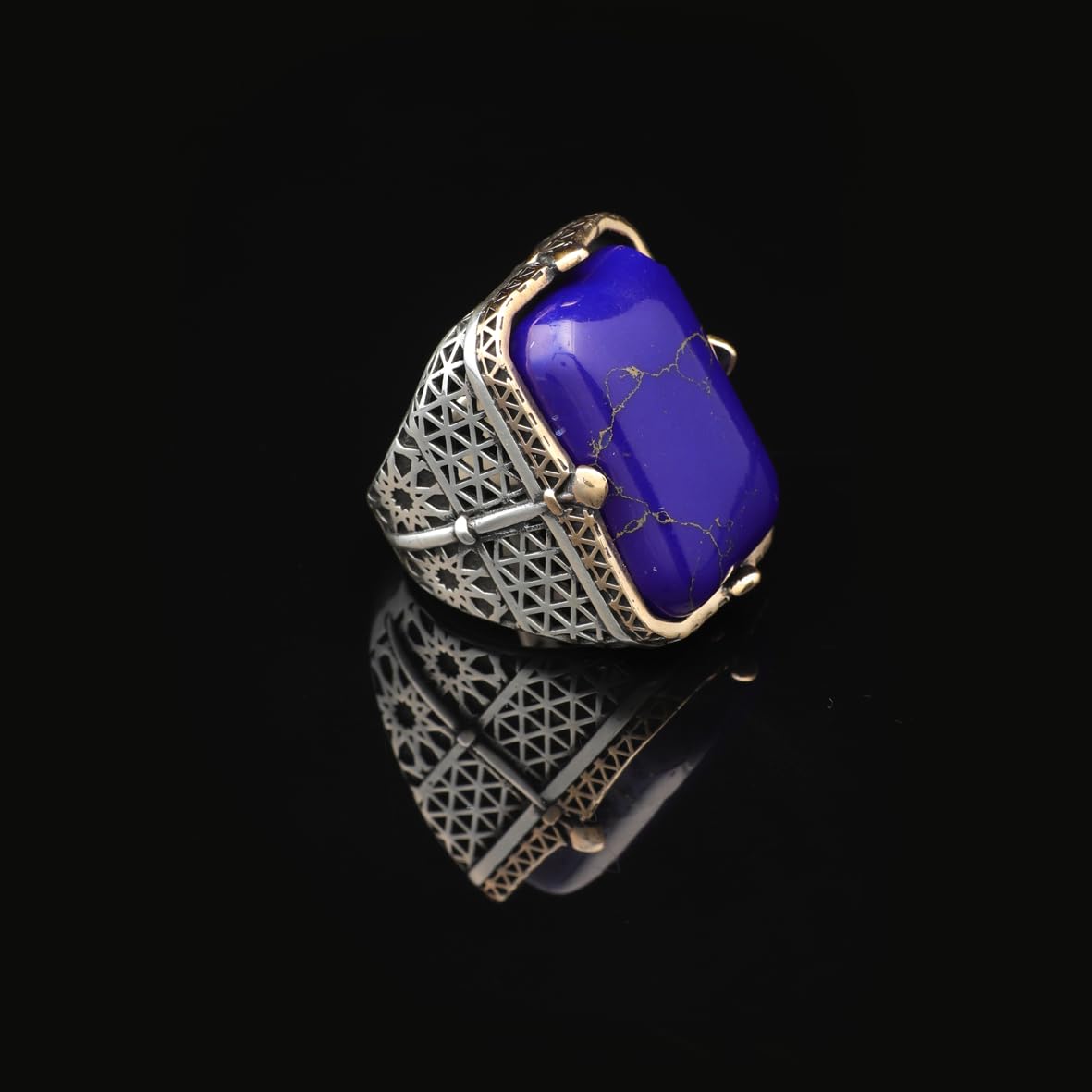 Vintage Large Lapis Lazuli Ring for Men - 925 Sterling Silver Turkish Handmade Polished Engagement Ring with Silver Polishing Cloth Gift
