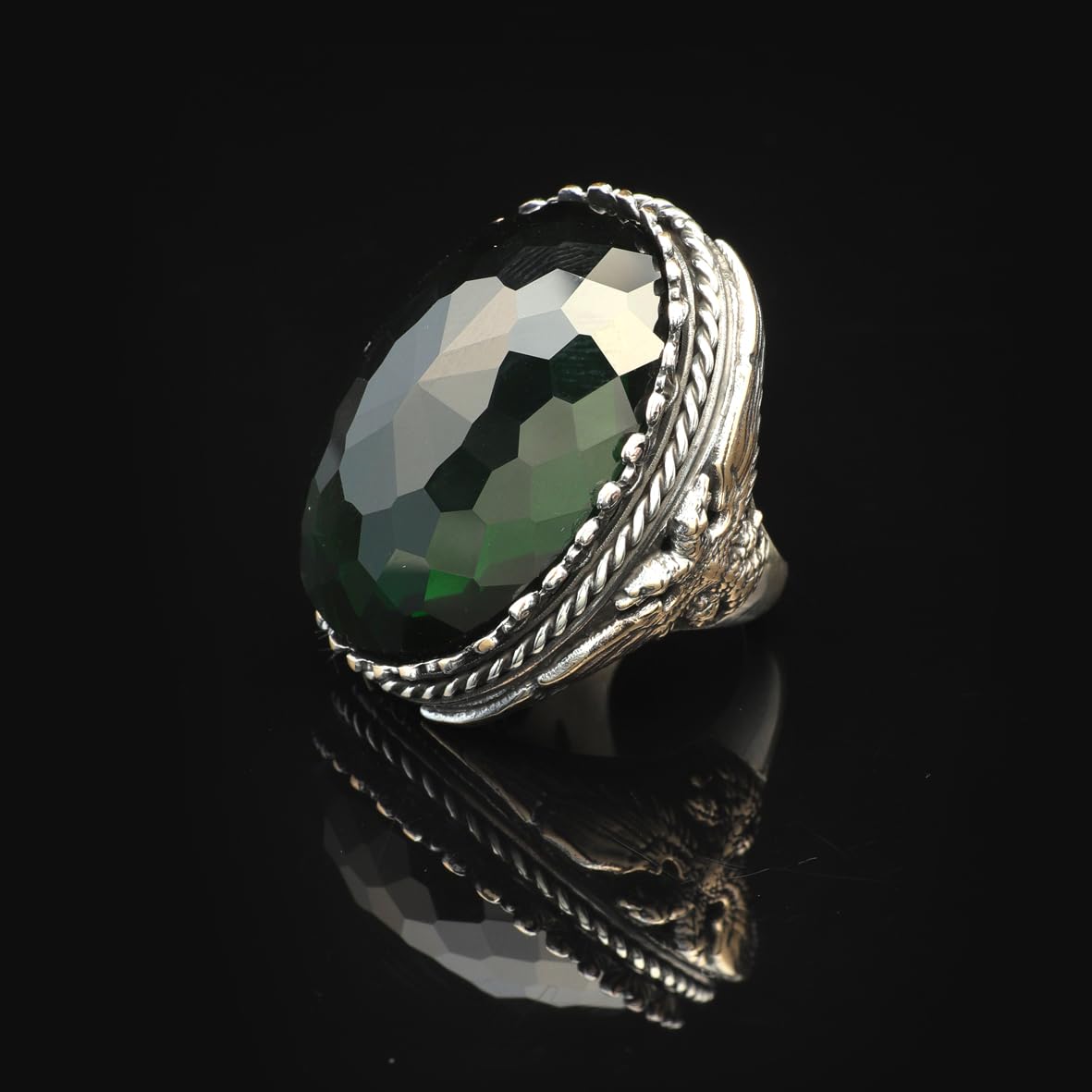 Vintage Emerald Eagle Ring for Men - Large Oval Stone 925 Sterling Silver Turkish Handmade Polished Engagement Ring with Silver Polishing Cloth Gift