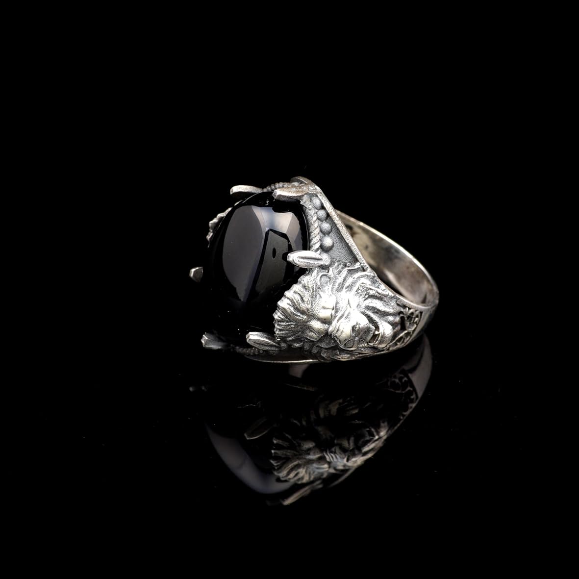 Handmade Black Onyx Lion Signet Ring - Vintage 925 Sterling Silver Mens Ring