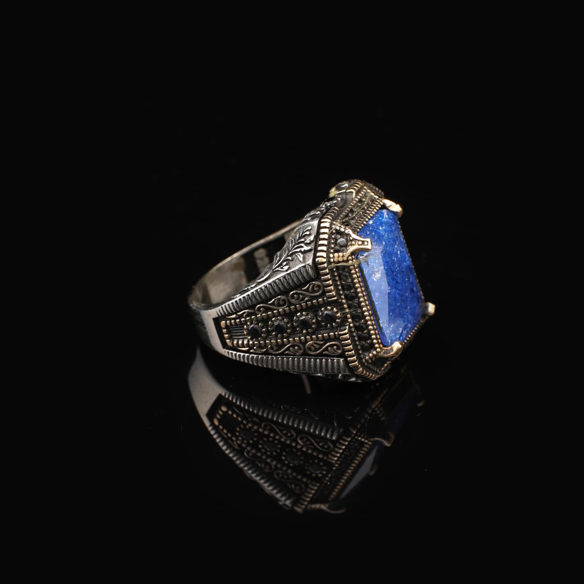 Handmade Sapphire Ottoman Ring with Micro Onyx Stone – Sterling Silver Vintage Mens Gemstone Ring – Engagement Rings for Men with Custom Engraving & Gift Silver Polishing Cloth
