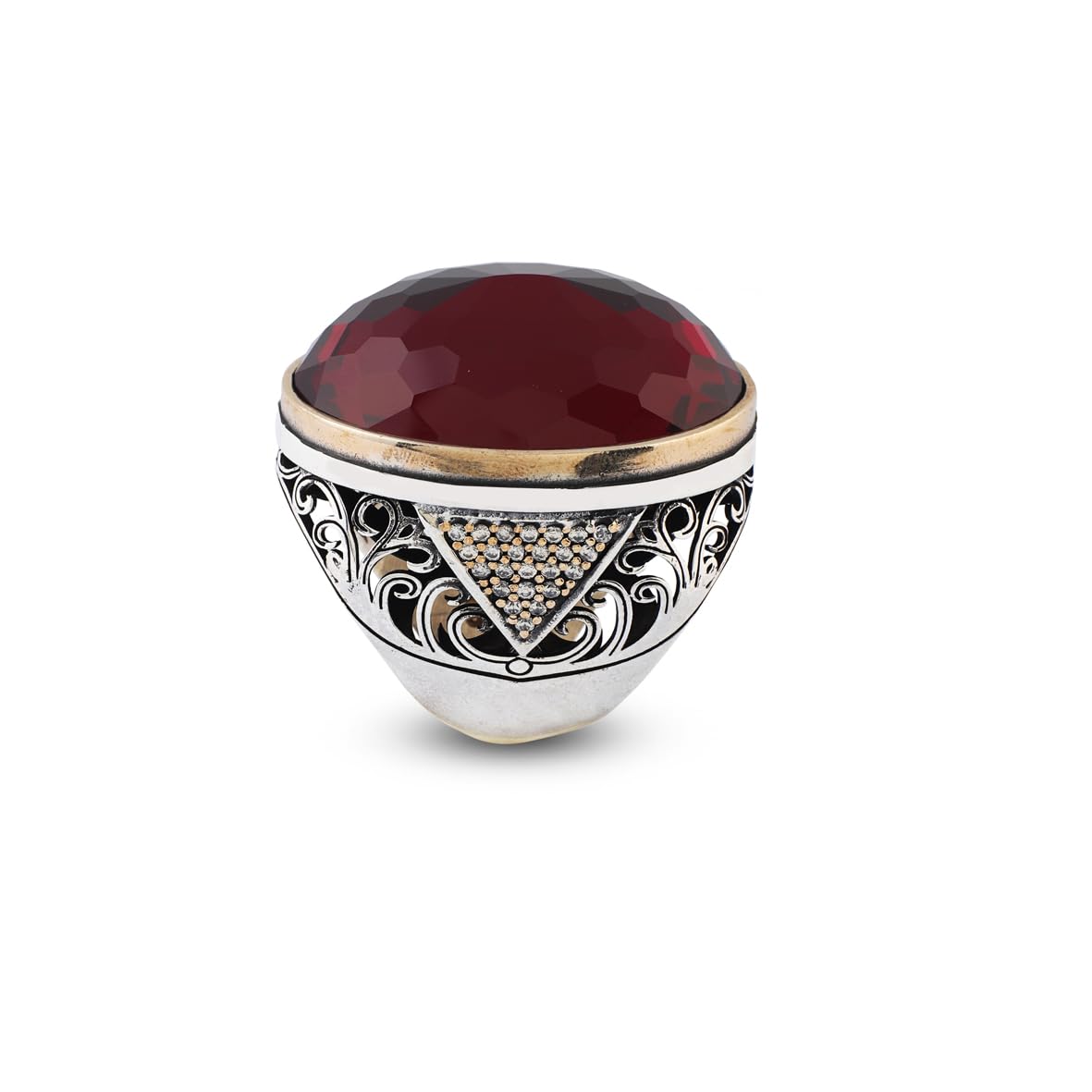 Men’s Chunky Sterling Silver Garnet and Micro Sapphire Ring – Handmade Ottoman Gemstone Ring with Vintage Design