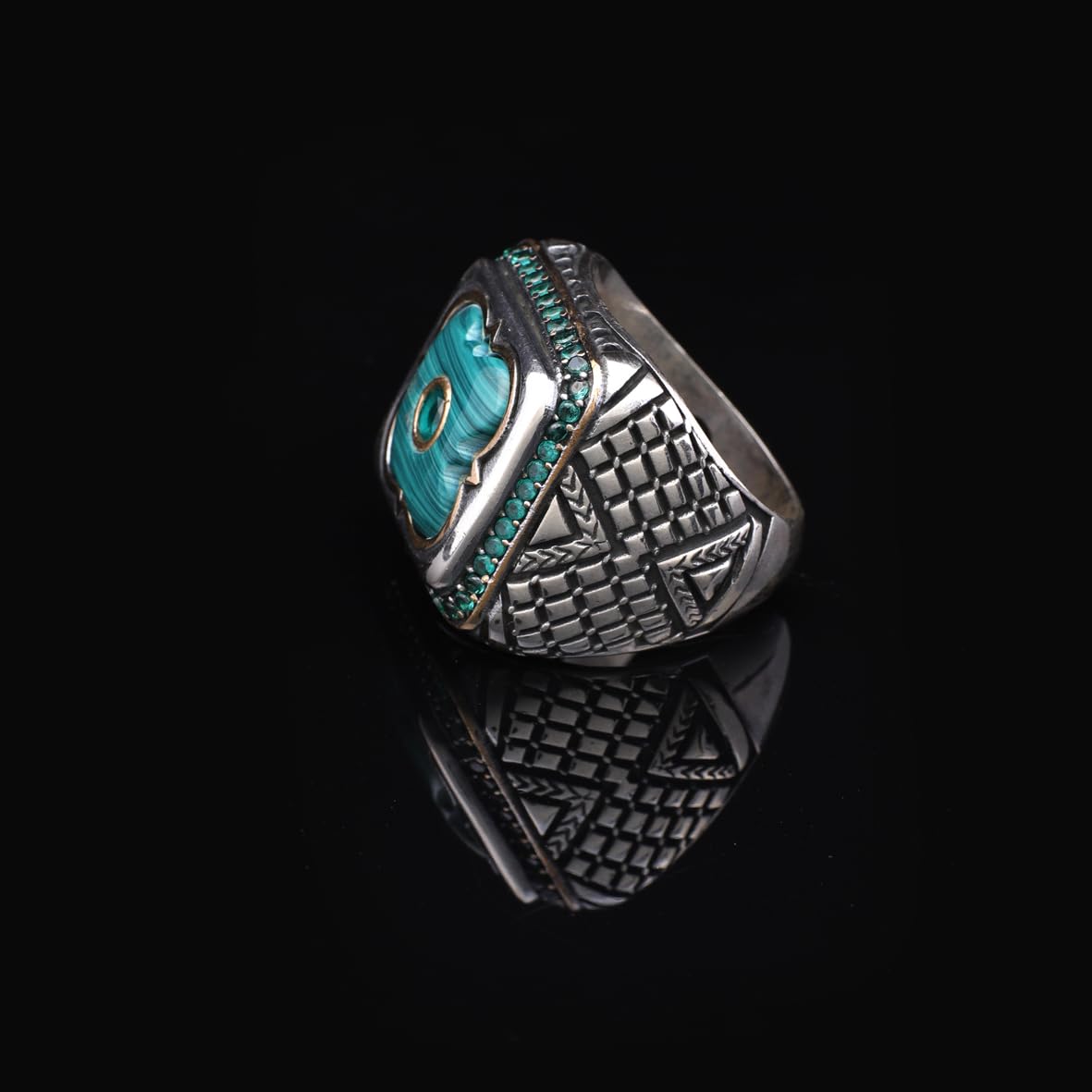 Vintage Malachite Ring with Micro Jade Stone - Handmade 925 Sterling Silver Men's Ring with Gemstone - Includes Silver Polishing Cloth Gift