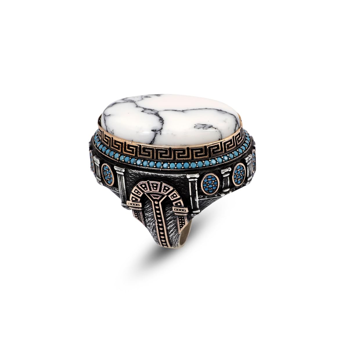 White Turquoise Ring with Micro Turquoise Stone – Large Oval Vintage Men’s Ring in Polished 925 Sterling Silver