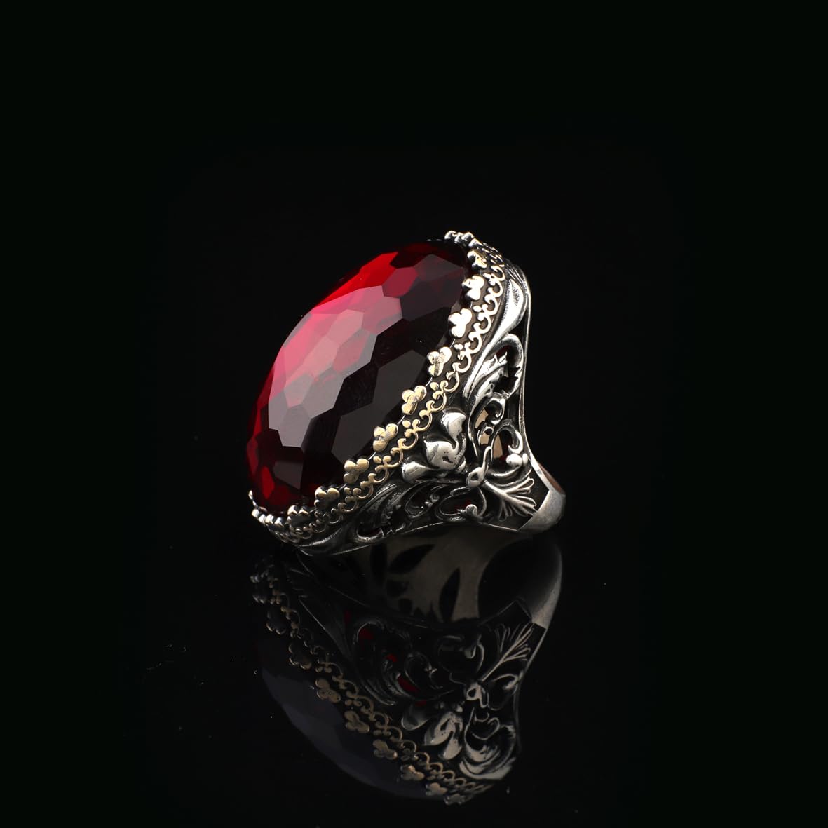 Garnet Gemstone Ring for Men – Chunky Sterling Silver Ottoman Style Vintage Ring