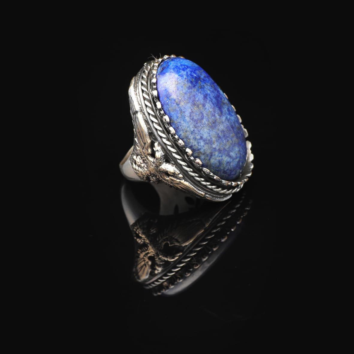 Vintage Lapis Lazuli Eagle Ring for Men - Large Oval Stone 925 Sterling Silver Turkish Handmade Polished Engagement Ring with Silver Polishing Cloth Gift
