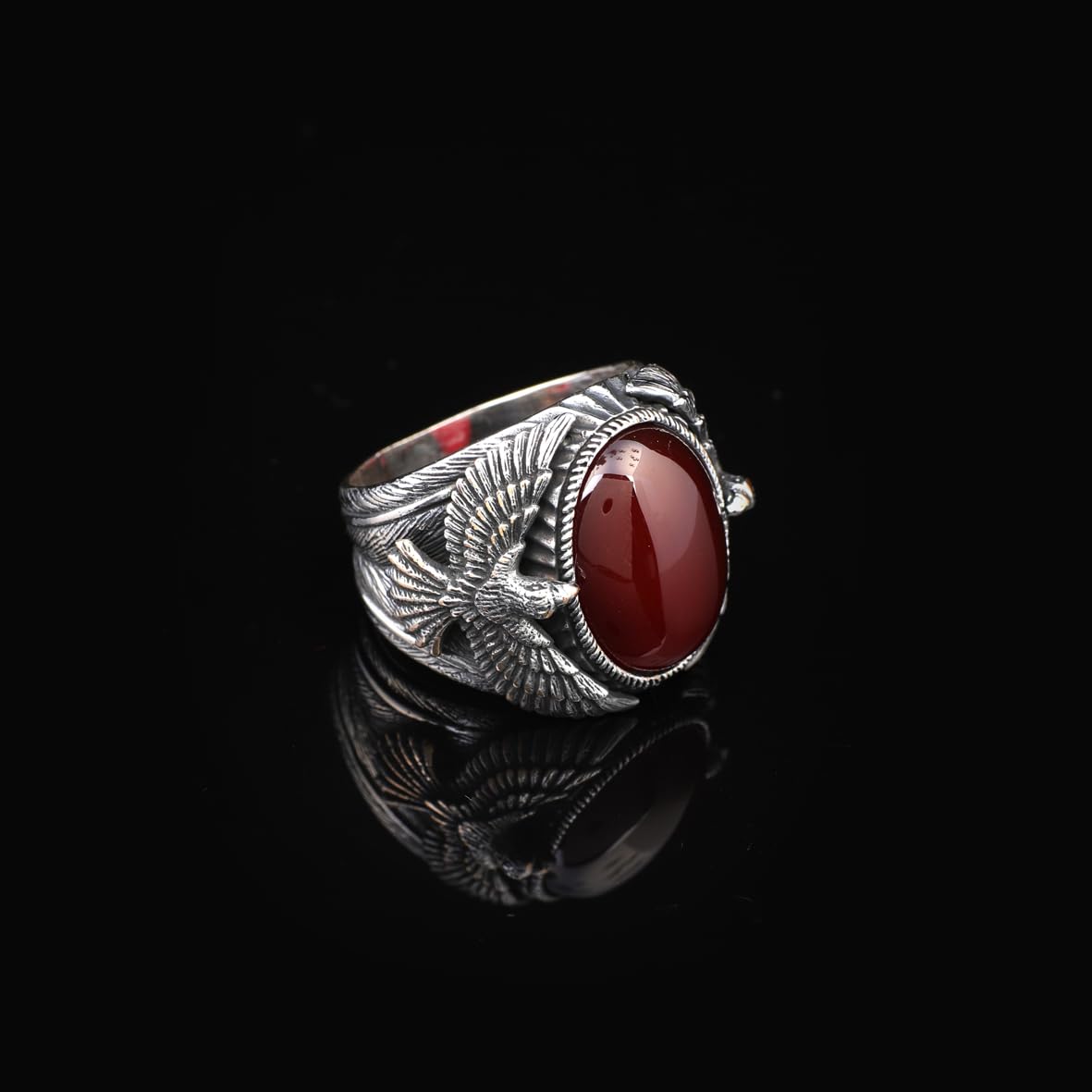 Handmade Carnelian Gemstone Eagle Large Ring for Men Vintage 925 Sterling Silver
