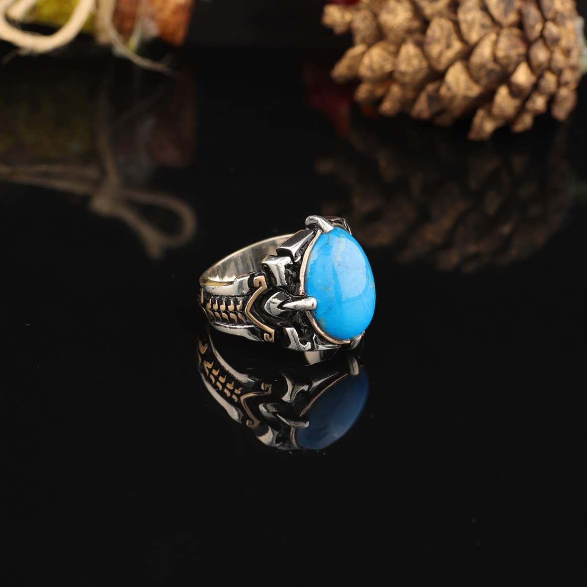 925K Sterling Silver Mens Turquoise Ring
