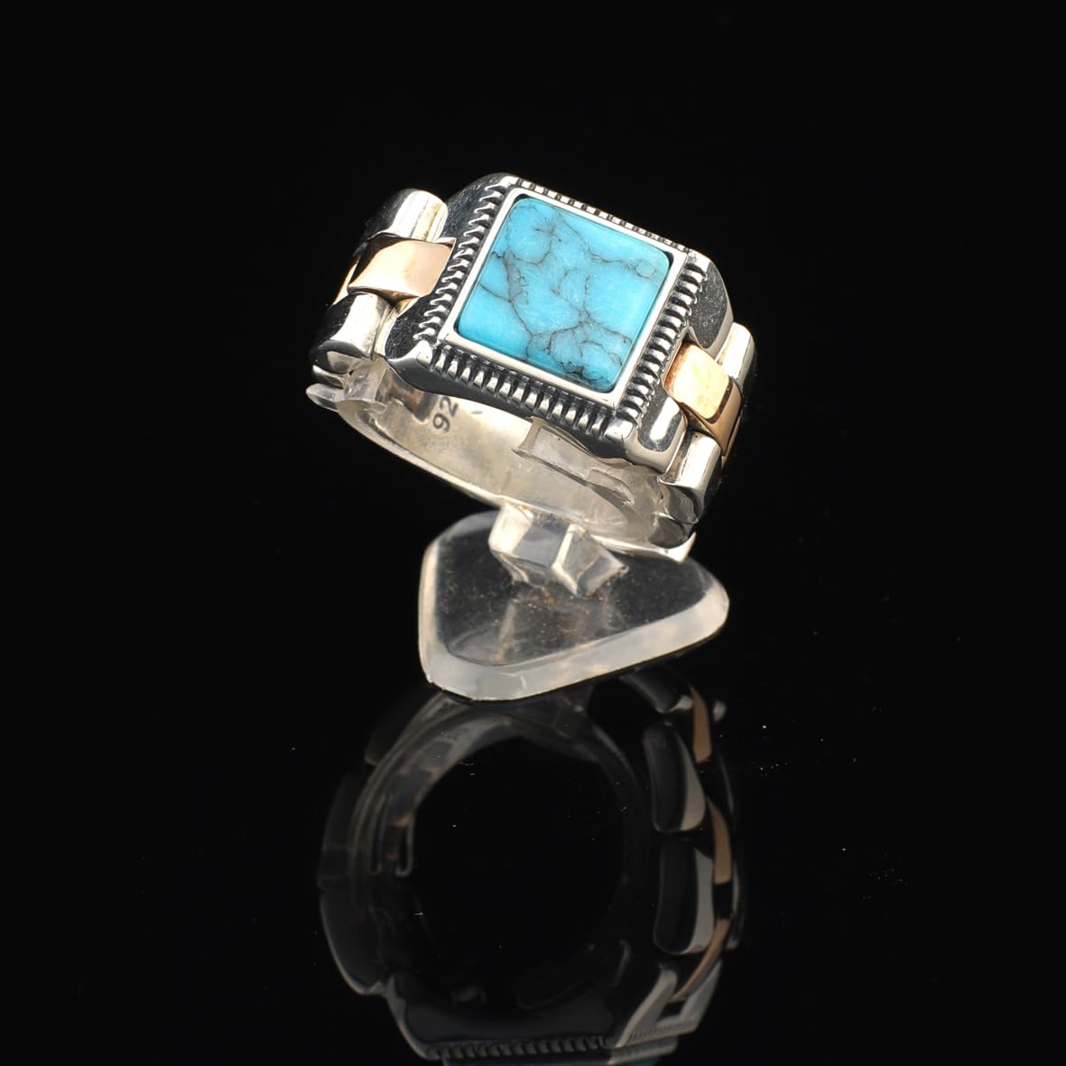 Men's Turquoise Ring - Vintage Rolex Model Signet Ring in Sterling Silver - Handmade Engagement Ring with Custom Engraving - Gift Silver Polishing Cloth Included