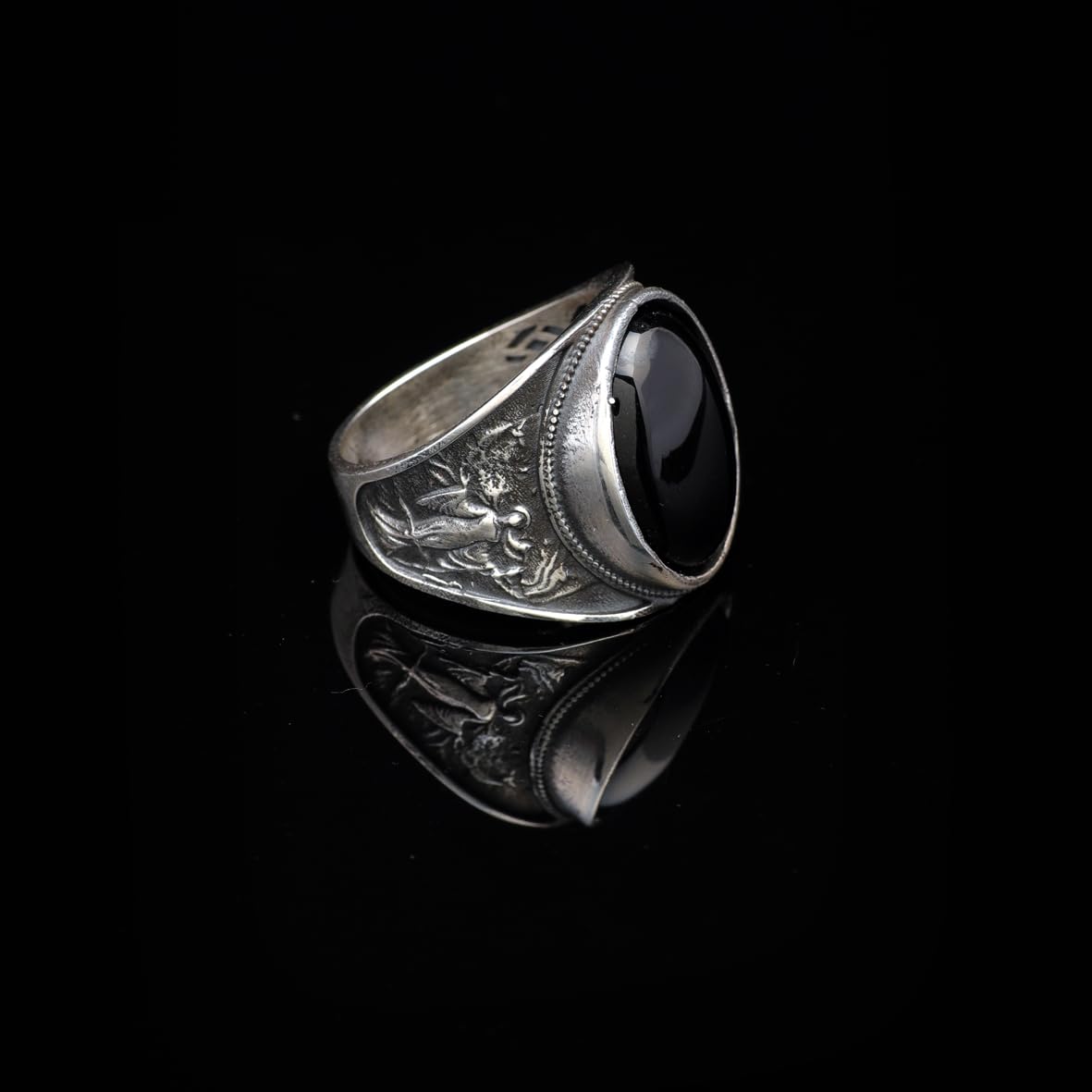 Handmade Virgin Mary Signet Ring – Black Onyx Oval Stone
