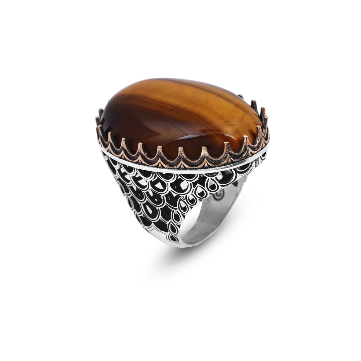 Tiger Eye Ring for Men: Large Gemstone Ottoman Style Handmade 925 Sterling Silver Ring with Silver Polishing Cloth Gift