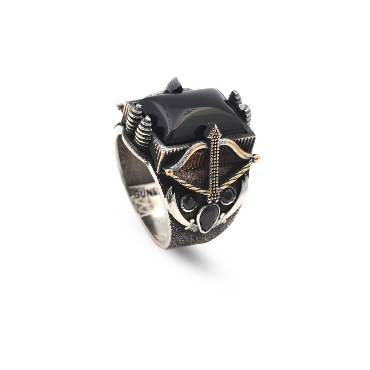 Vintage Onyx Sword Ring with Bow and Arrow Design – Handmade Sterling Silver Gemstone Ring for Men