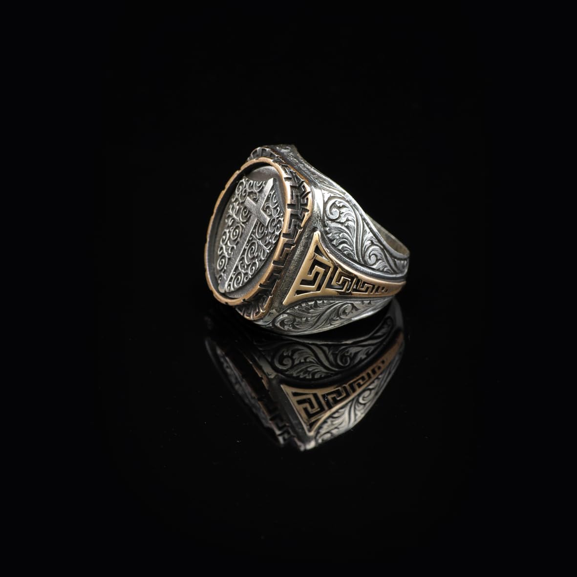 Vintage Shield Cross Signet Ring for Men - 925 Sterling Silver Christian Statement Ring - Polished Handmade Engagement Ring with Custom Engraving