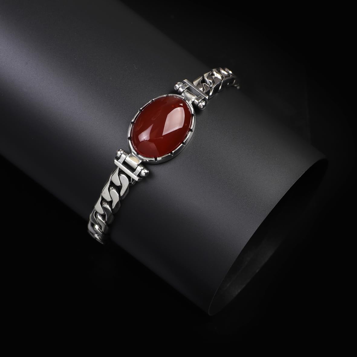Made to Order Personalized Gothic Vintage Pattern 925 Sterling Silver Chain Bracelet for Men with Oval Carnelian Gemstone - Hand-Engraved Handmade Bracelet