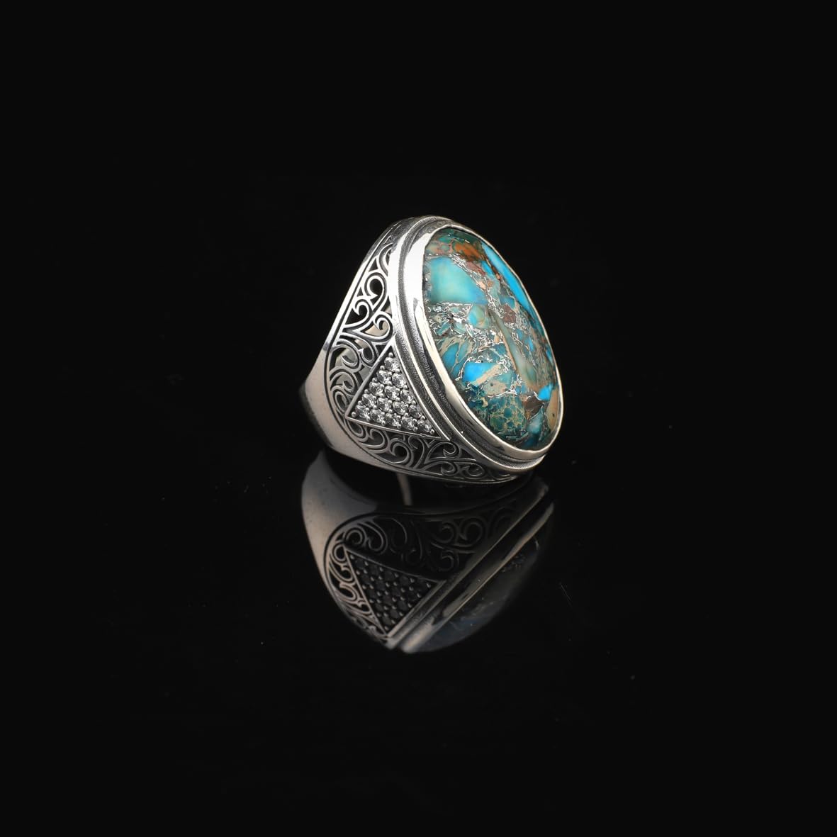 Handmade Special Turquoise Gemstone Ring – Large Chunky Ottoman Sterling Silver Ring for Men – Micro Sapphire Accent – Vintage Style Engagement Ring with Custom Engraving
