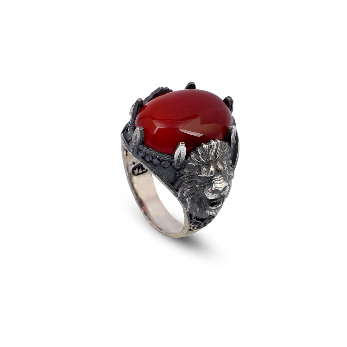 Handmade Carnelian Lion Ring - 925 Sterling Silver Oval Stone Signet Ring for Men