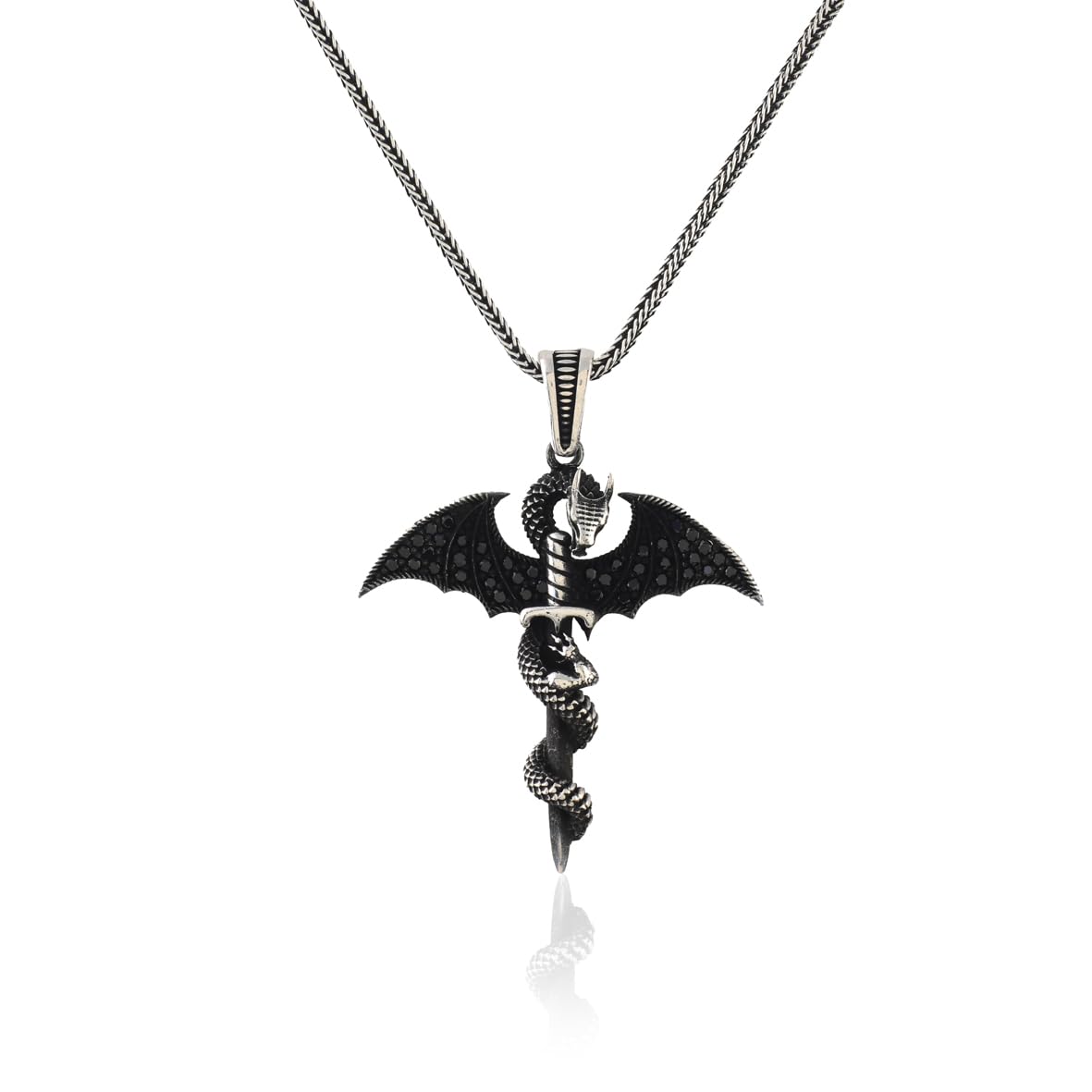 Sterling Silver Dragon Necklace with Sword Pendant – Gothic Mens Necklace with Silver Chain – Handmade Silver Necklace & Mens Pendant