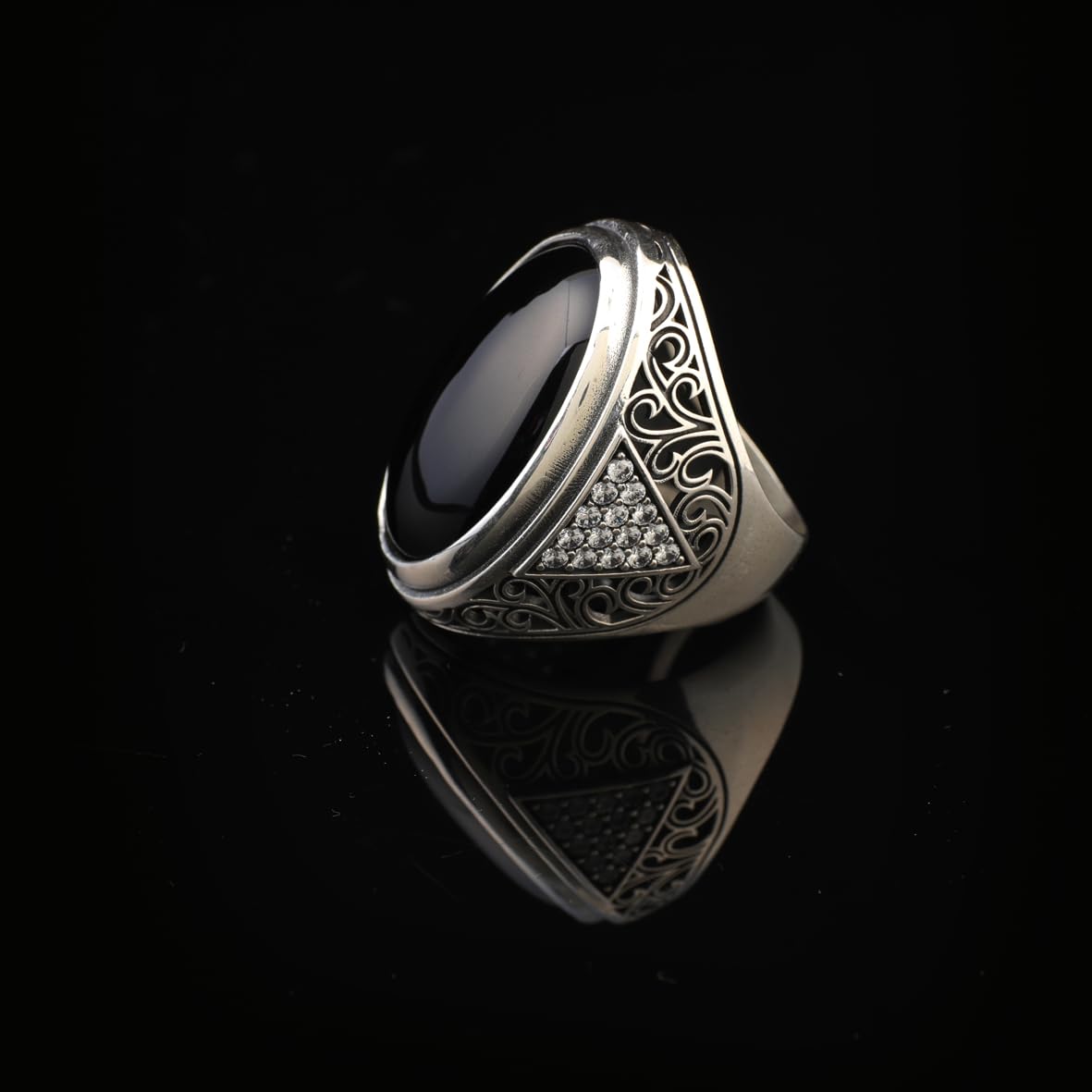 Mens Black Onyx Ring – Chunky Sterling Silver Ring with Micro Sapphire
