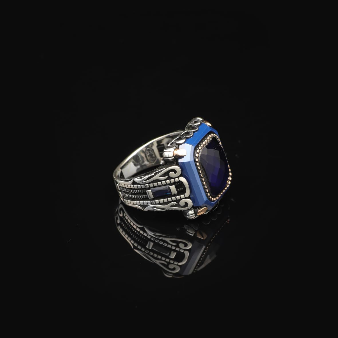 Handmade Vintage Blue Sapphire Ring - Polished 925 Sterling Silver Men's Gemstone Ring