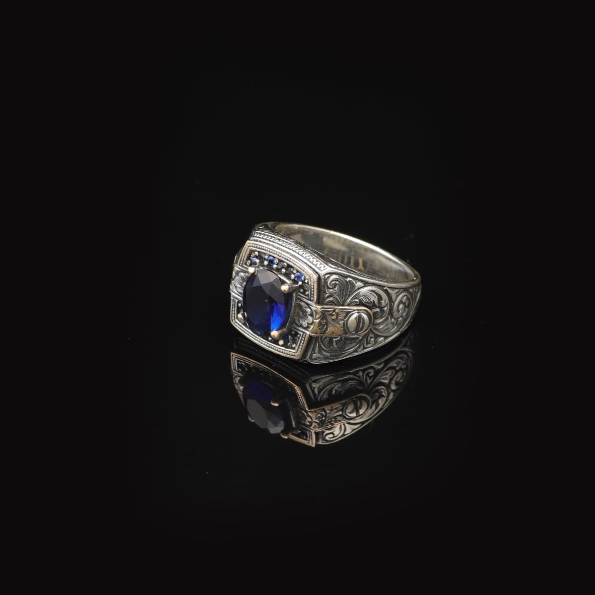 Blue Sapphire Ring with Micro Stone - Vintage Men's Gemstone Ring
