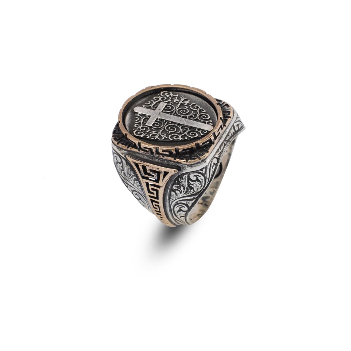 Vintage Shield Cross Signet Ring for Men - 925 Sterling Silver Christian Statement Ring - Polished Handmade Engagement Ring with Custom Engraving