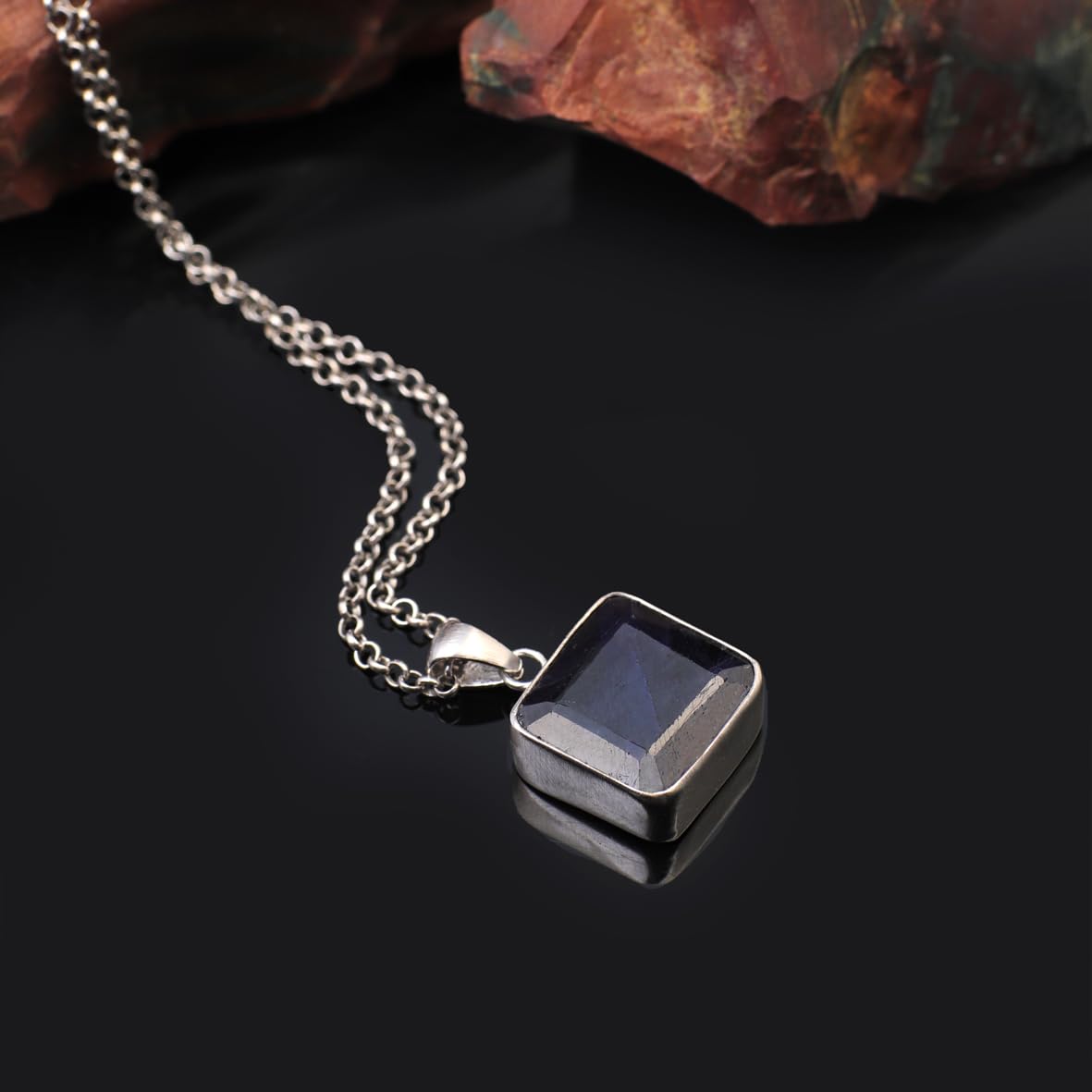 Sapphire Necklace – Gemstone Men’s Initial Pendant in Polished Sterling Silver with Silver Chain