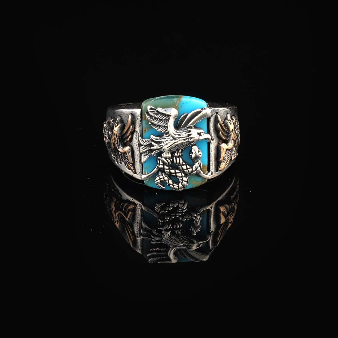 Handmade Snake Ring with Eagle Model - Men's Turquoise Signet Pinky Ring in Sterling Silver - Custom Engraving Vintage Engagement Ring - Gift Silver Polishing Cloth Included