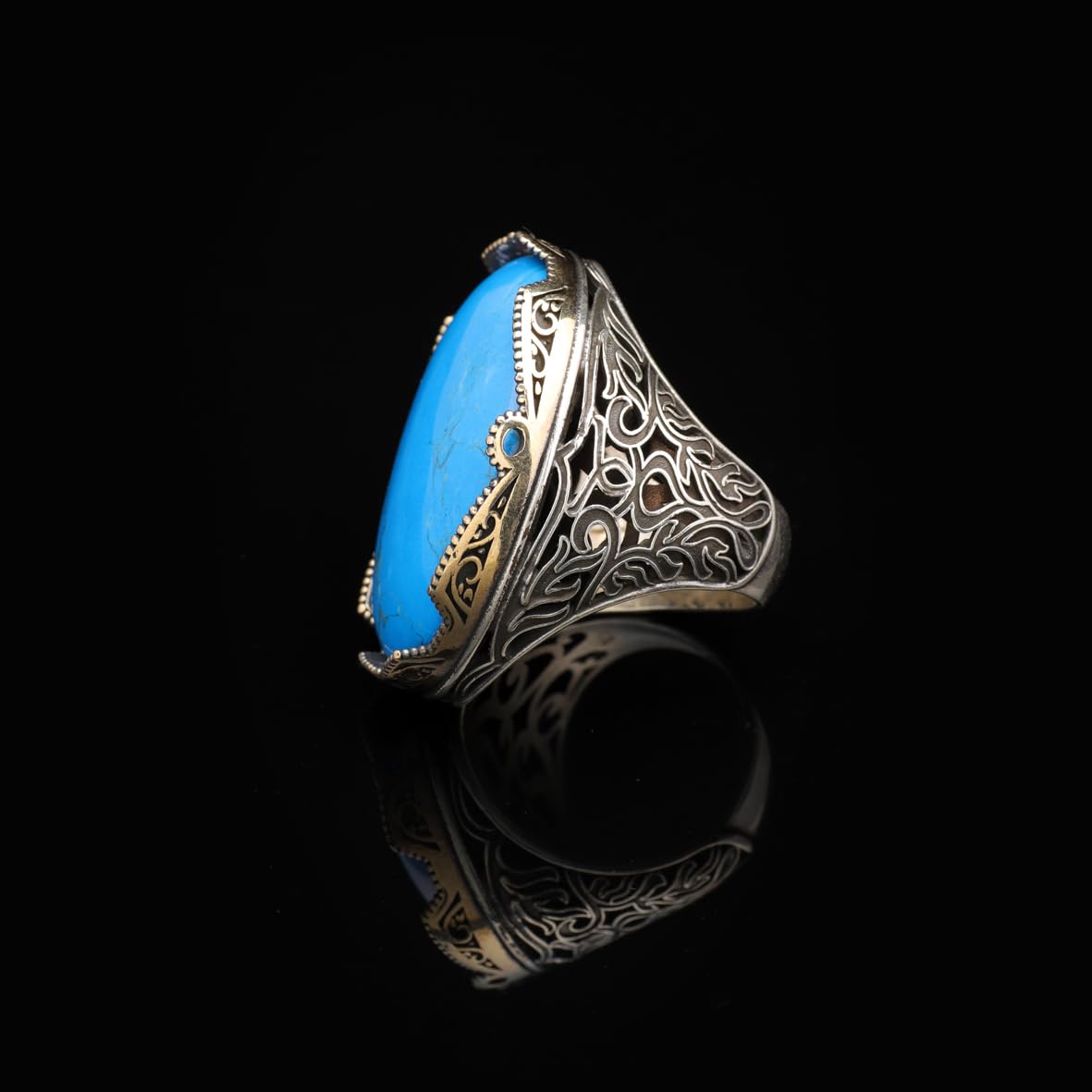 Genuine Turquoise Men’s Ring with Large Oval Stone – Vintage 925 Sterling Silver Ring for Men