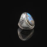 Handmade Special Turquoise Gemstone Ring – Large Chunky Ottoman Sterling Silver Ring for Men – Micro Sapphire Accent – Vintage Style Engagement Ring with Custom Engraving — image 3