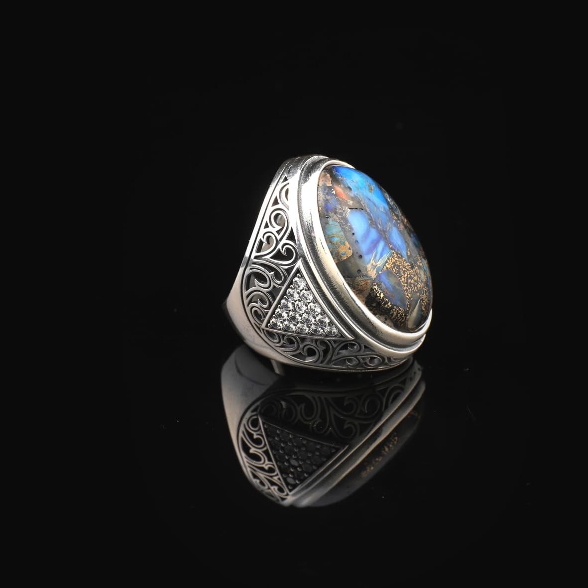 Handmade Special Turquoise Gemstone Ring – Large Chunky Ottoman Sterling Silver Ring for Men – Micro Sapphire Accent – Vintage Style Engagement Ring with Custom Engraving