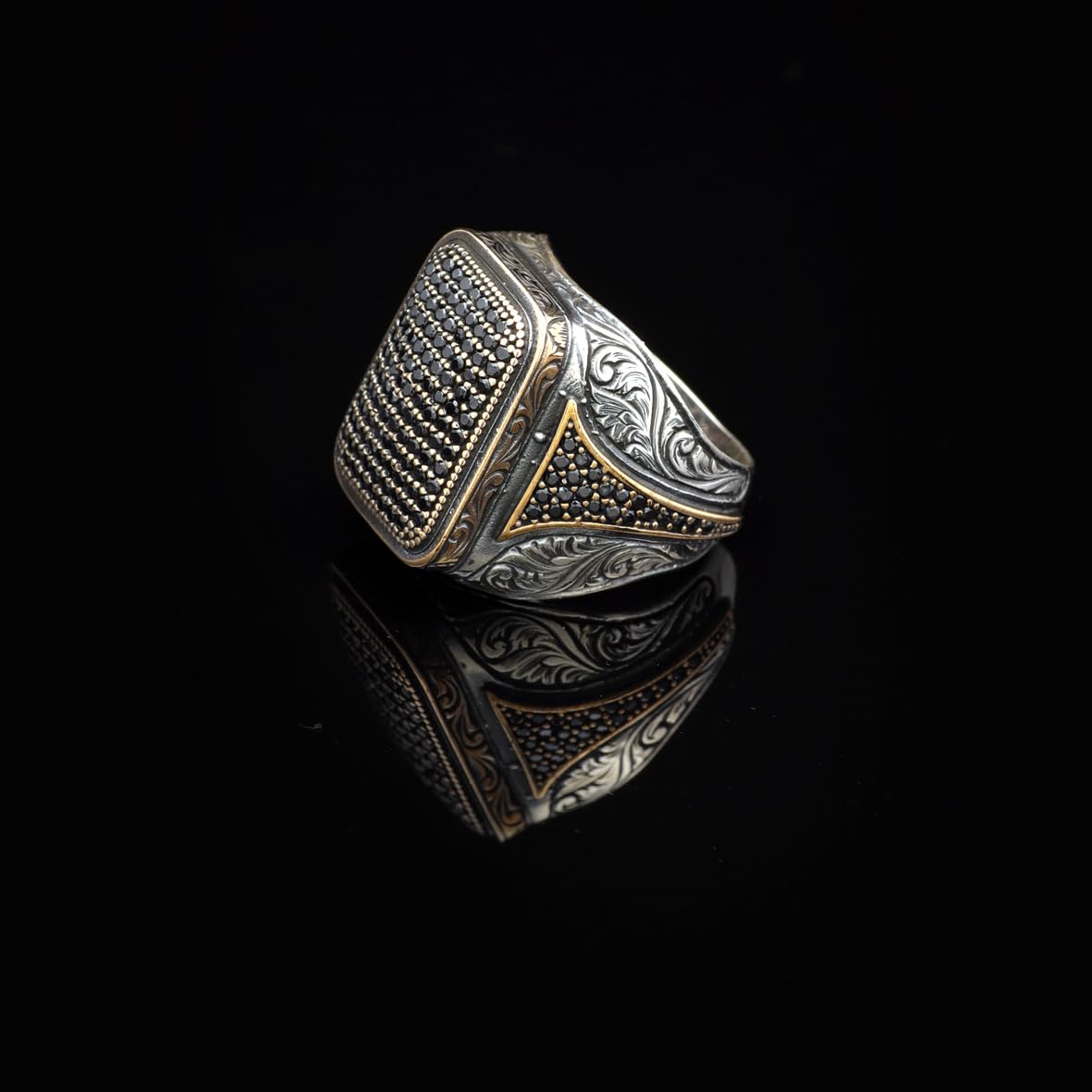 Polished Black Onyx and Micro Stone Men's Ring - Vintage 925 Sterling Silver Gemstone Statement Ring
