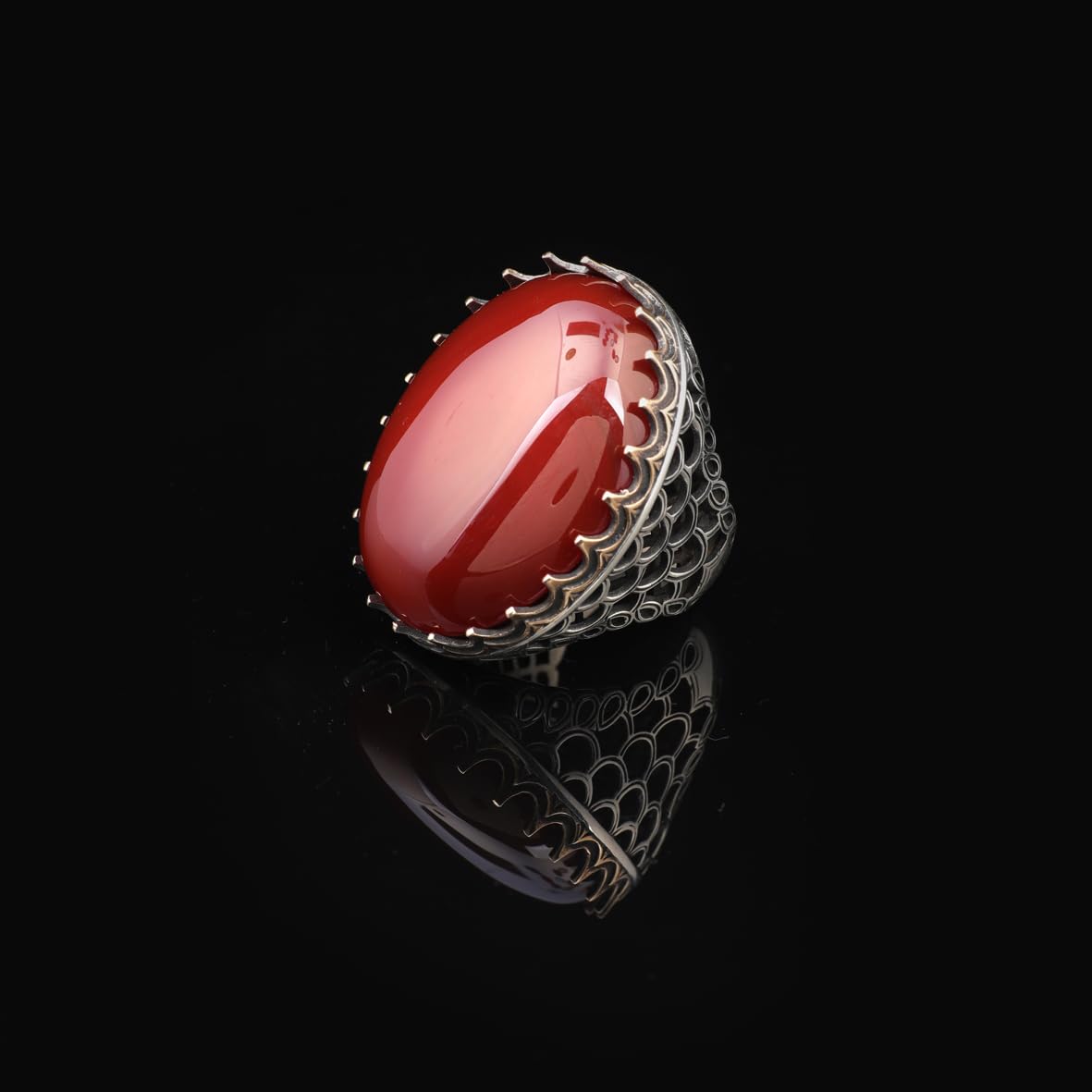 Handmade Carnelian Ring with Oval Stone - Large Gemstone Ring for Men Vintage Ottoman Style - 925 Sterling Silver Rings
