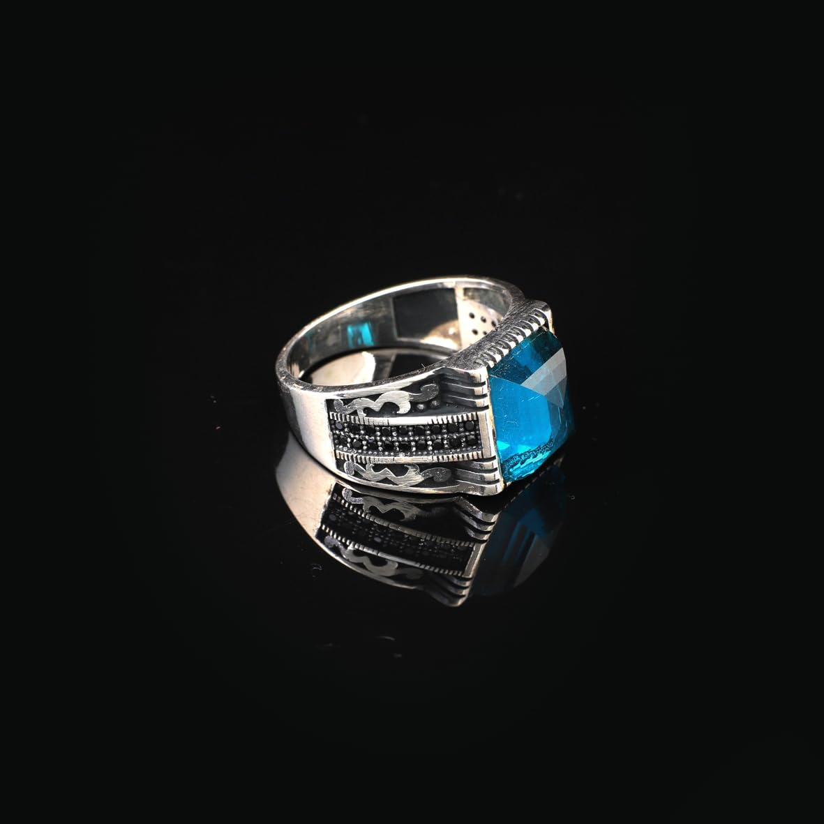 Handmade Aquamarine Gemstone Square Stone Ring for Men Vintage 925 Sterling Silver