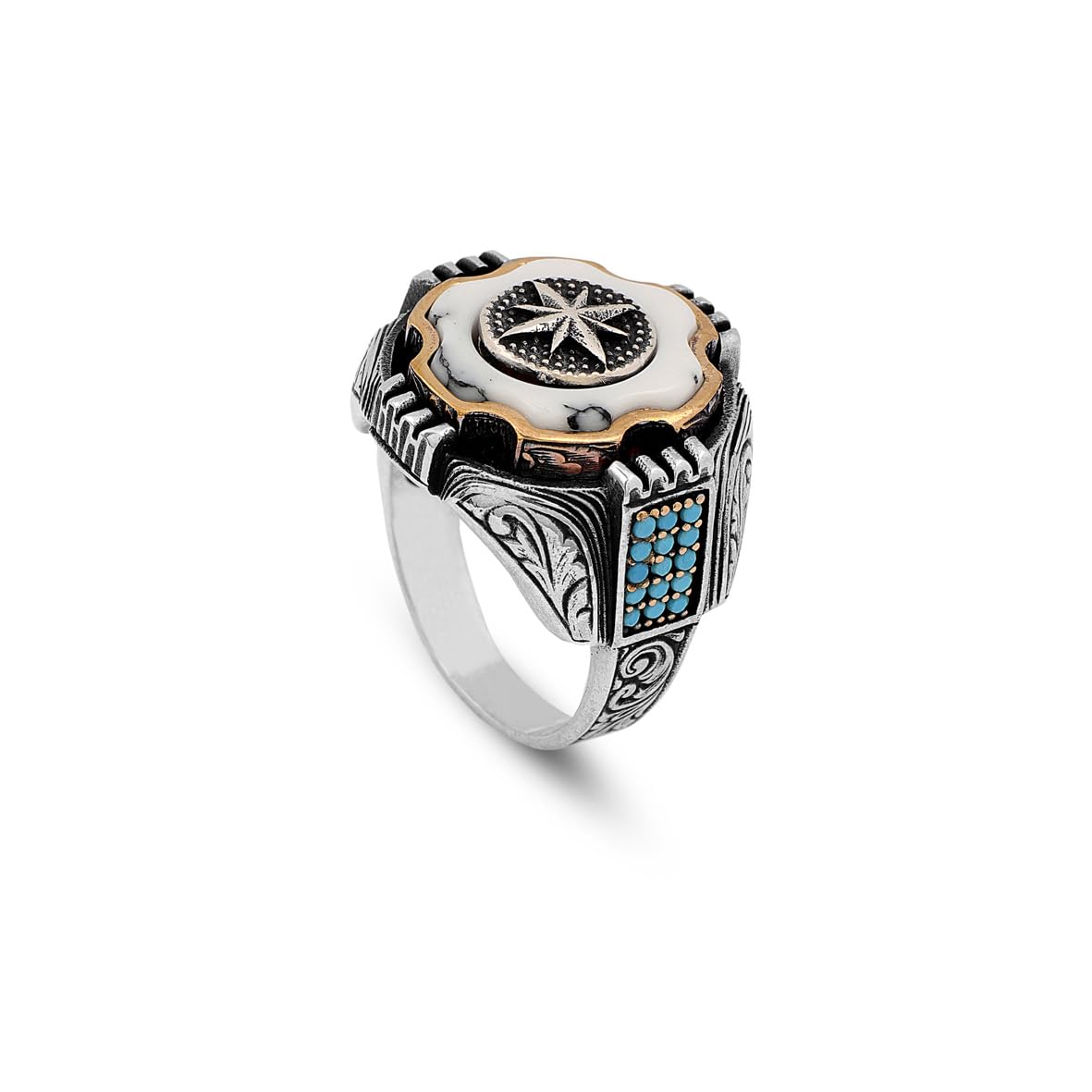 925 Sterling Silver White Turquoise and Pole Star Rotating Ring for Men - White Turquoise and Pole Star Design - Birthday Gifts