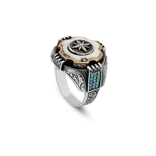 925 Sterling Silver White Turquoise and Pole Star Rotating Ring for Men - White Turquoise and Pole Star Design - Birthday Gifts