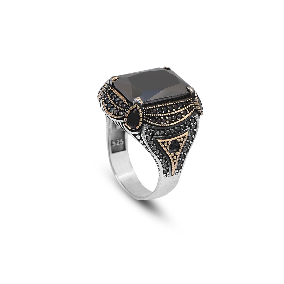 Square Ottoman Ring with Black Onyx - Stylish Square Ottoman Ring Featuring Black Onyx - Handcrafted 925 Sterling Silver Men's Ring - Birthday Gifts