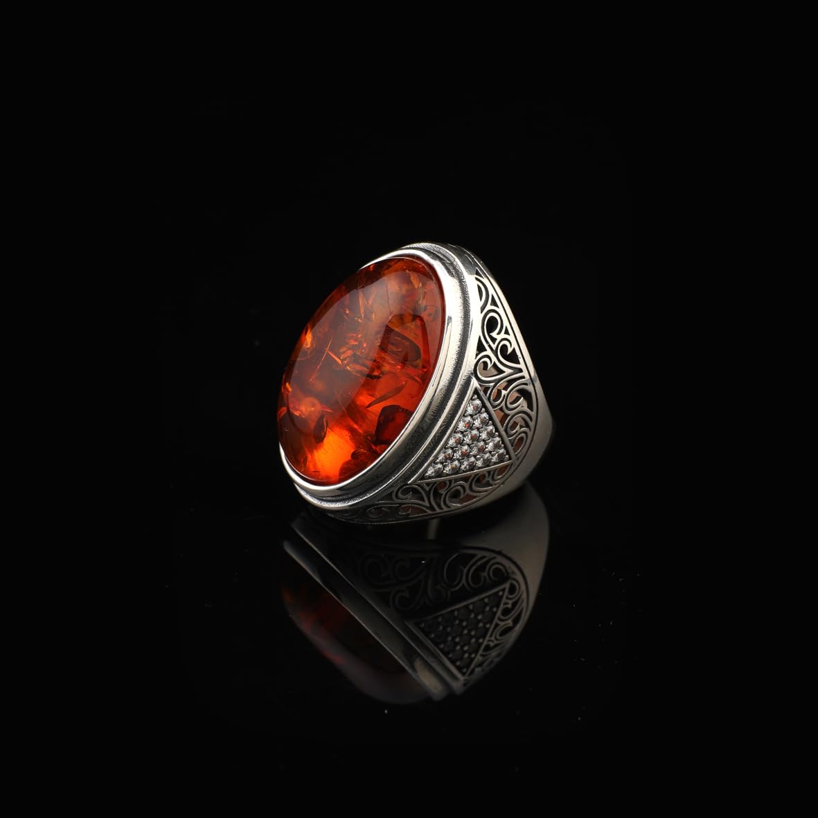 Amber Ring for Men – Large Chunky Sterling Silver Ring with Micro Sapphire Stone