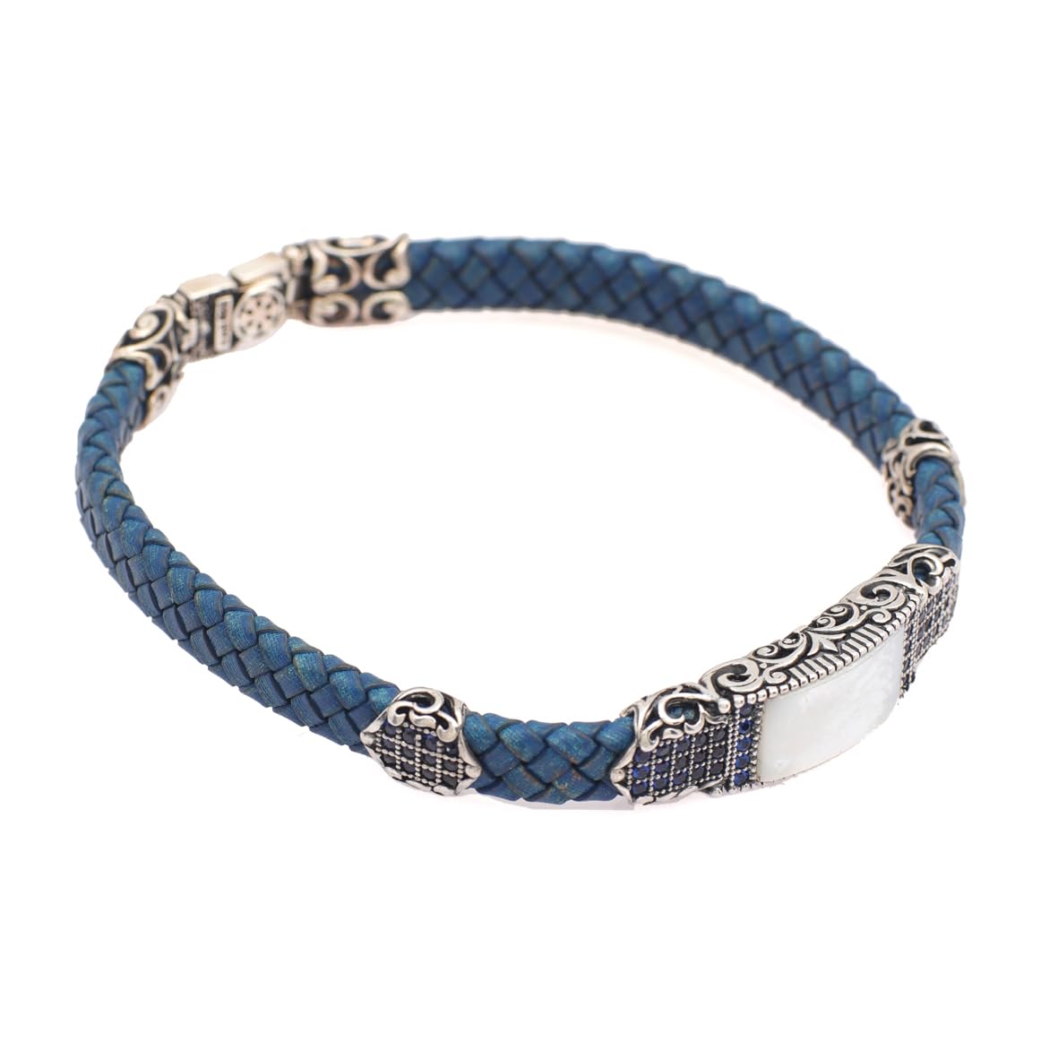 Vintage Men’s Bracelet – Handmade Leather and Sterling Silver Bracelet with Natural Mother of Pearl Gemstone