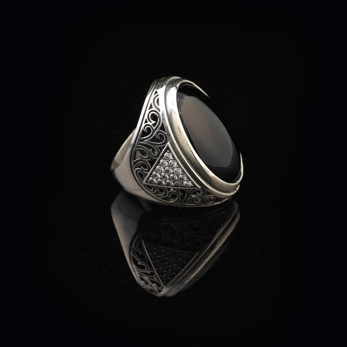 Mens Black Onyx Ring – Chunky Sterling Silver Ring with Micro Sapphire