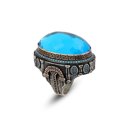 Aquamarine Ring with Micro Turquoise Stone – Large Oval Stone in Polished 925 Sterling Silver
