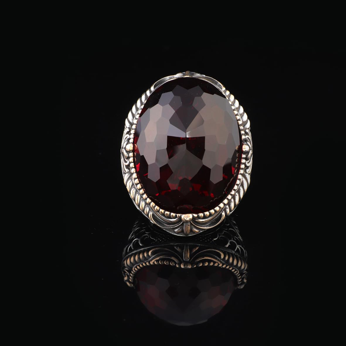 Vintage-Inspired Garnet Ring - Chunky Sterling Silver Ring for Men - Handmade Ottoman Gemstone Engagement Ring - Custom Engraving Included with Gift Silver Polishing Cloth