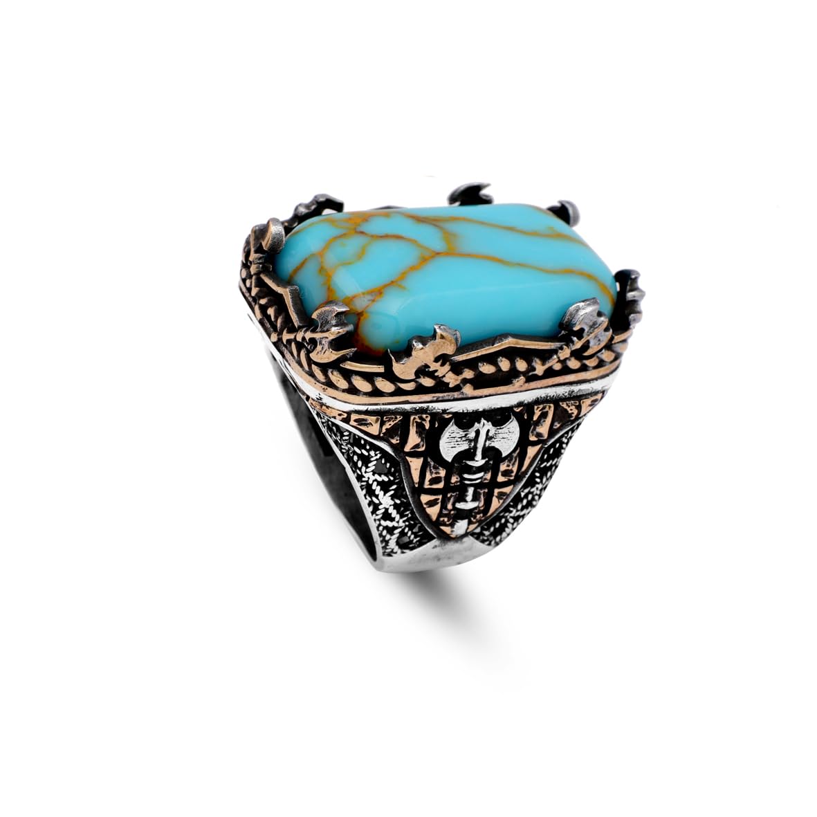 Vintage Large Turquoise Ax Ring for Men - 925 Sterling Silver Turkish Handmade Polished Engagement Ring with Silver Polishing Cloth Gift