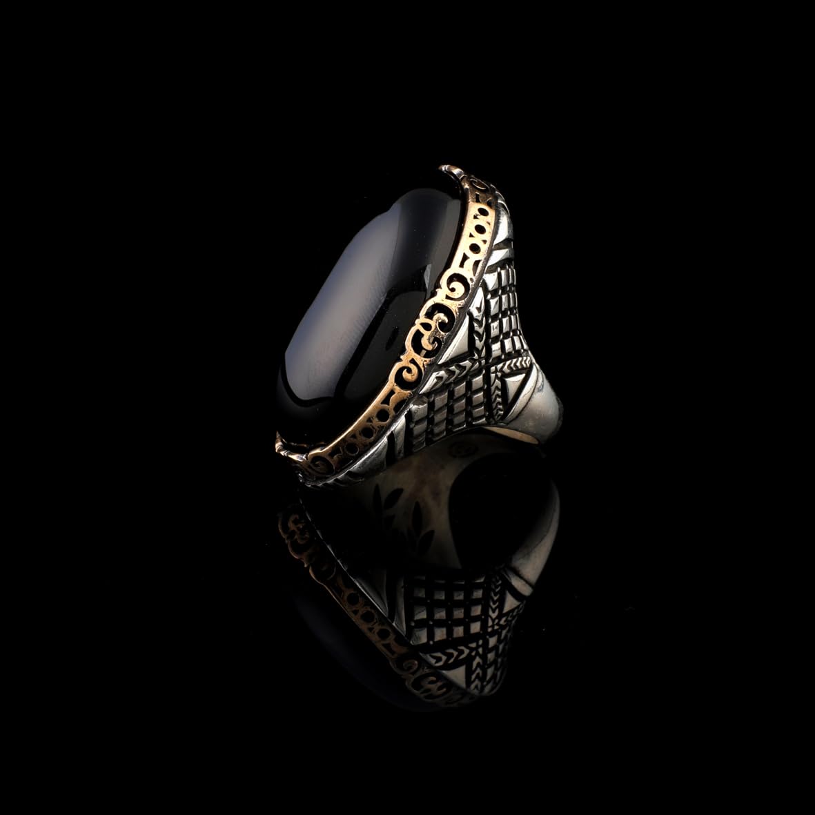Vintage Black Onyx Chunky Sterling Silver Ring – Herringbone Design Ottoman-Style Men's Engagement Ring