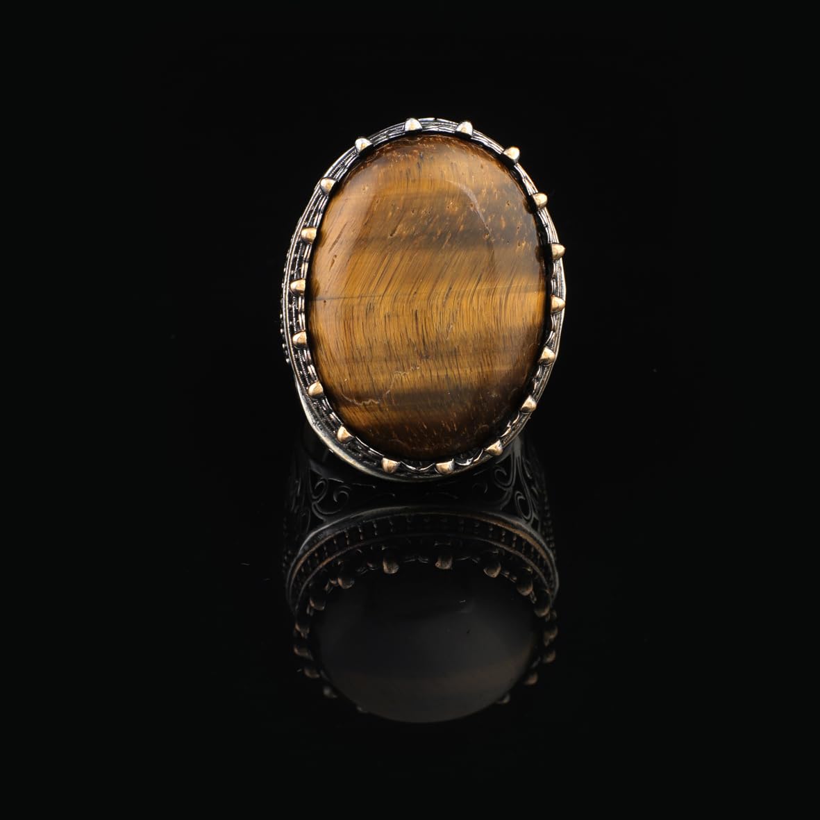 Men's Tiger Eye Engagement Ring with Micro Sapphire - Chunky Sterling Silver Handmade Ring in Vintage Ottoman Style with Custom Engraving & Gift Silver Polishing Cloth