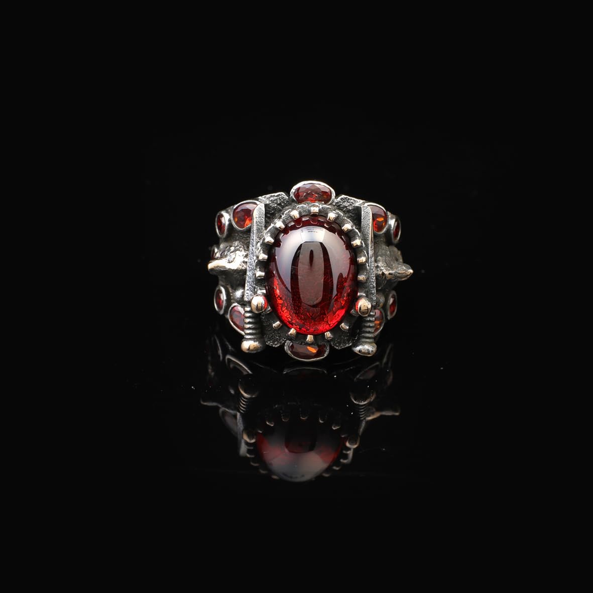 Mens Wolf Garnet Sword Ring – Handmade Sterling Silver Animal Ring