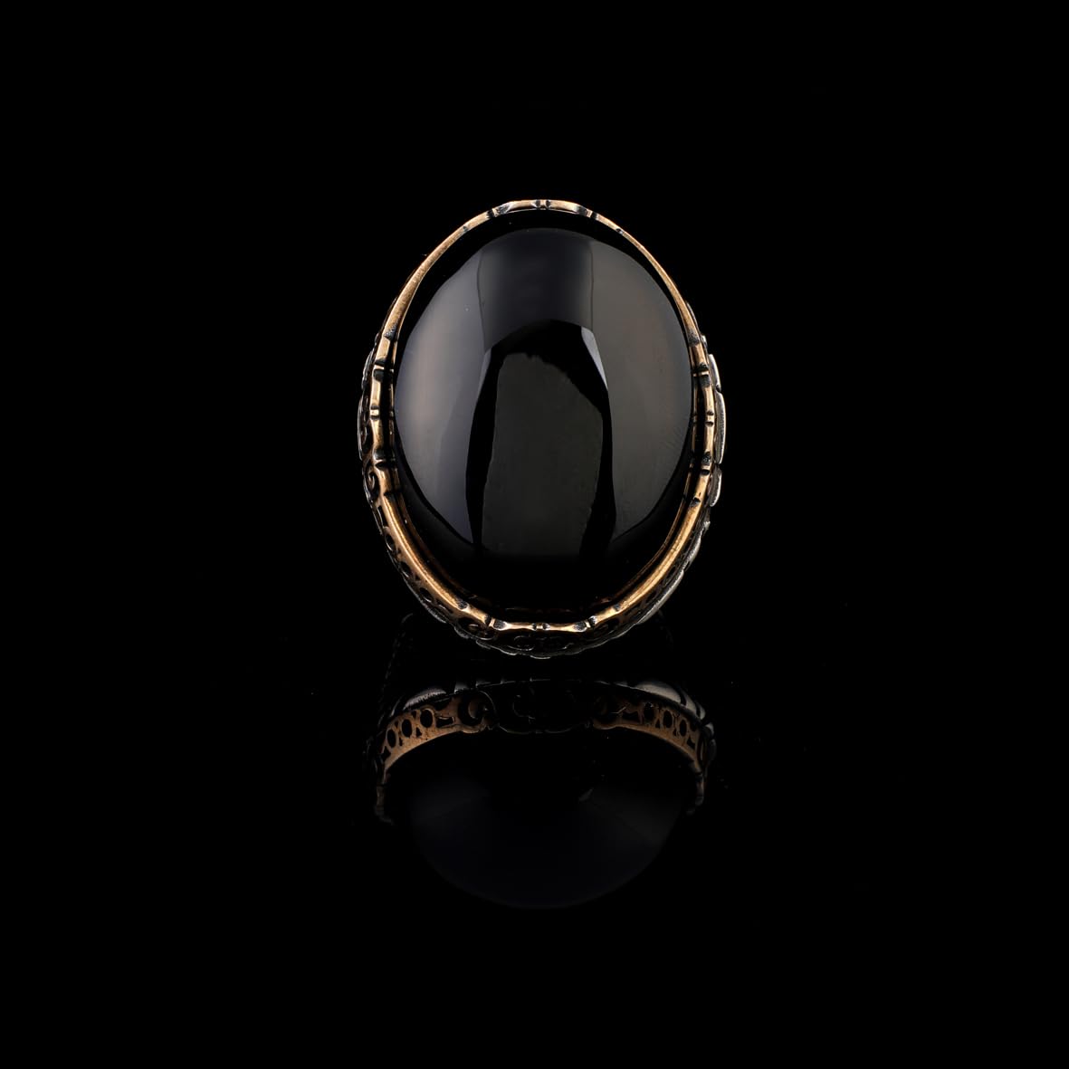 Vintage Black Onyx Chunky Sterling Silver Ring – Herringbone Design Ottoman-Style Men's Engagement Ring